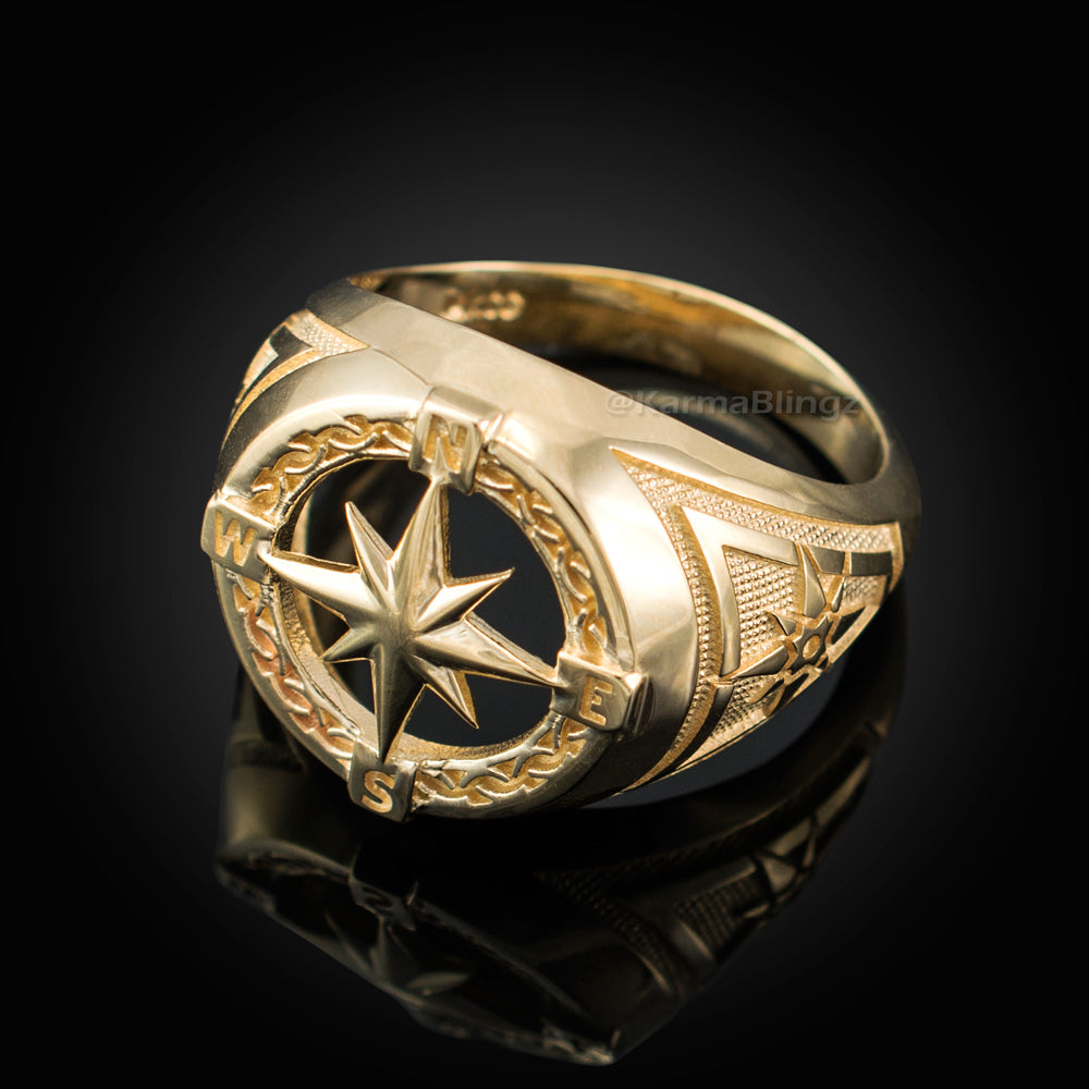 Men's Gold Compass Rose North Star Open Signet Statement Ring (yellow, white, rose, 10k / 14k)