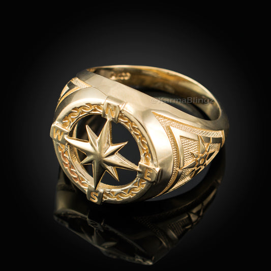 Men's Gold Compass Rose North Star Open Signet Statement Ring (yellow, white, rose, 10k / 14k)