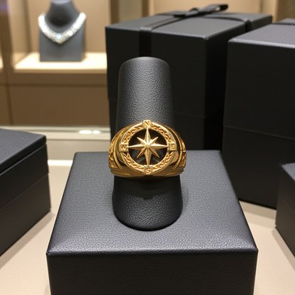 Men's Gold Compass Rose North Star Open Signet Statement Ring (yellow, white, rose, 10k / 14k)