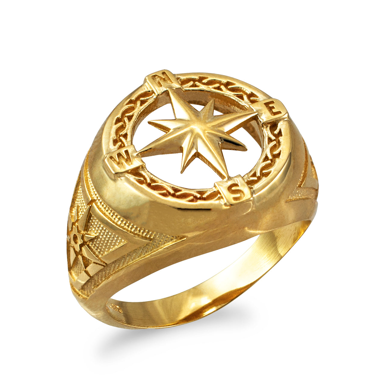 Men's Gold Compass Rose North Star Open Signet Statement Ring (yellow, white, rose, 10k / 14k)