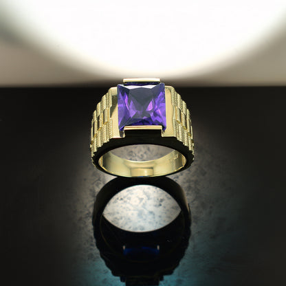 14K Yellow Gold Men's Square CZ Birthstone Ring