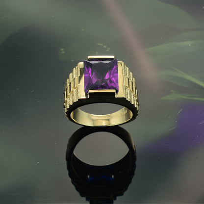 14K Yellow Gold Men's Square CZ Birthstone Ring