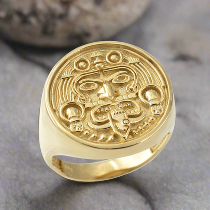 Gold Aztec Warrior Mayan Sun Statement Ring