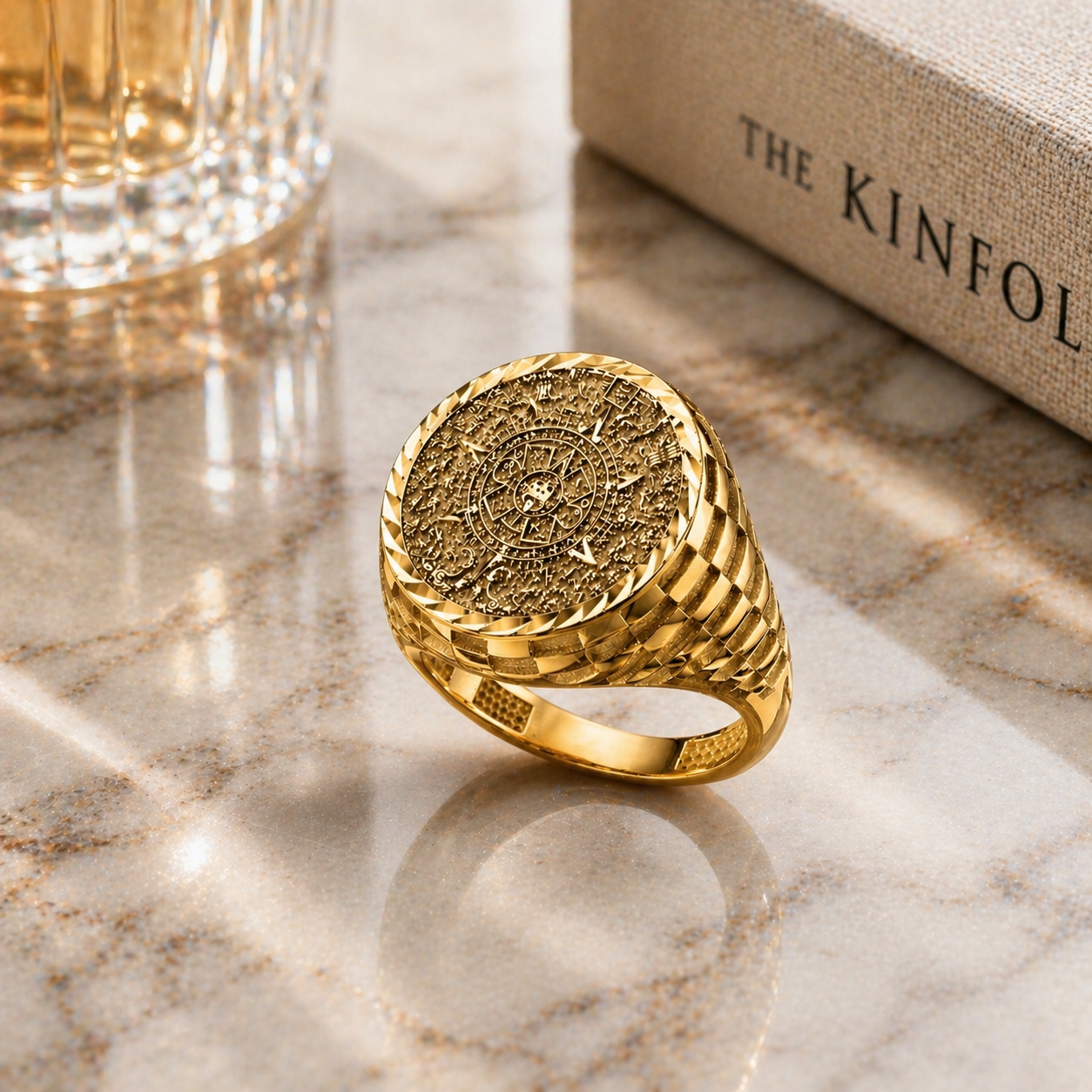 Gold Aztec Mayan Sun Calendar DC Unisex Signet Ring