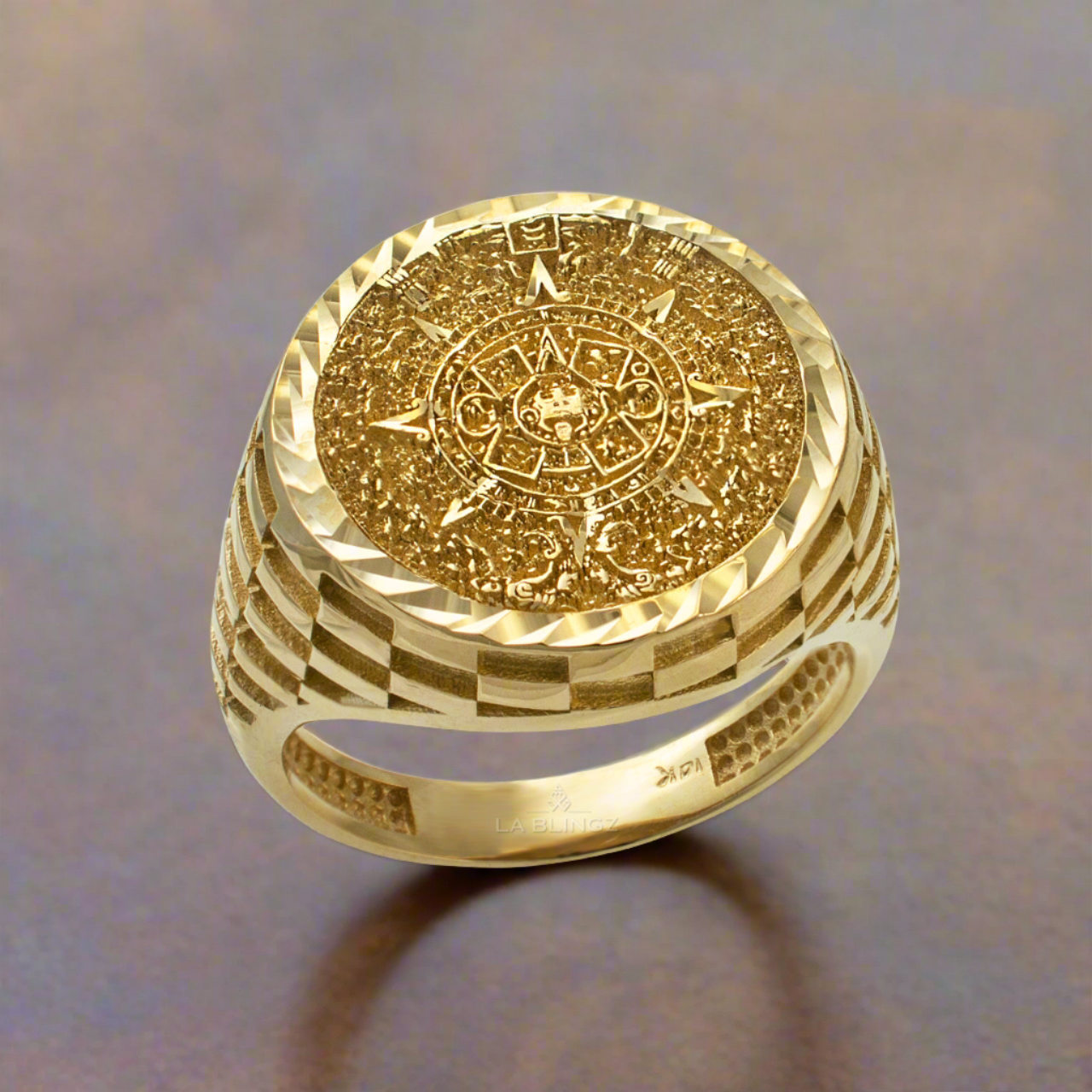 Gold Aztec Mayan Sun Calendar DC Unisex Signet Ring