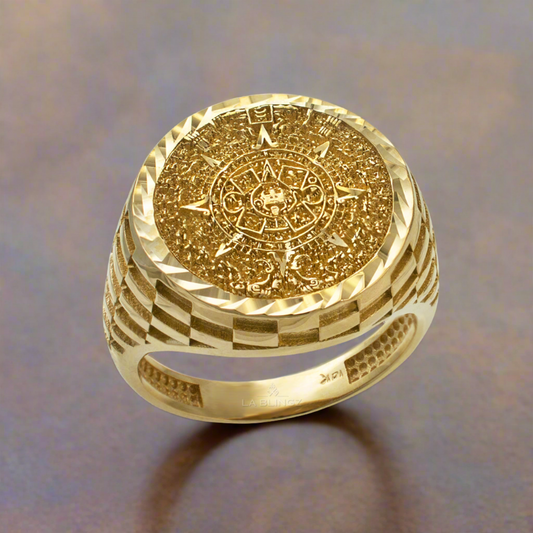 Gold Aztec Mayan Sun Calendar DC Unisex Signet Ring