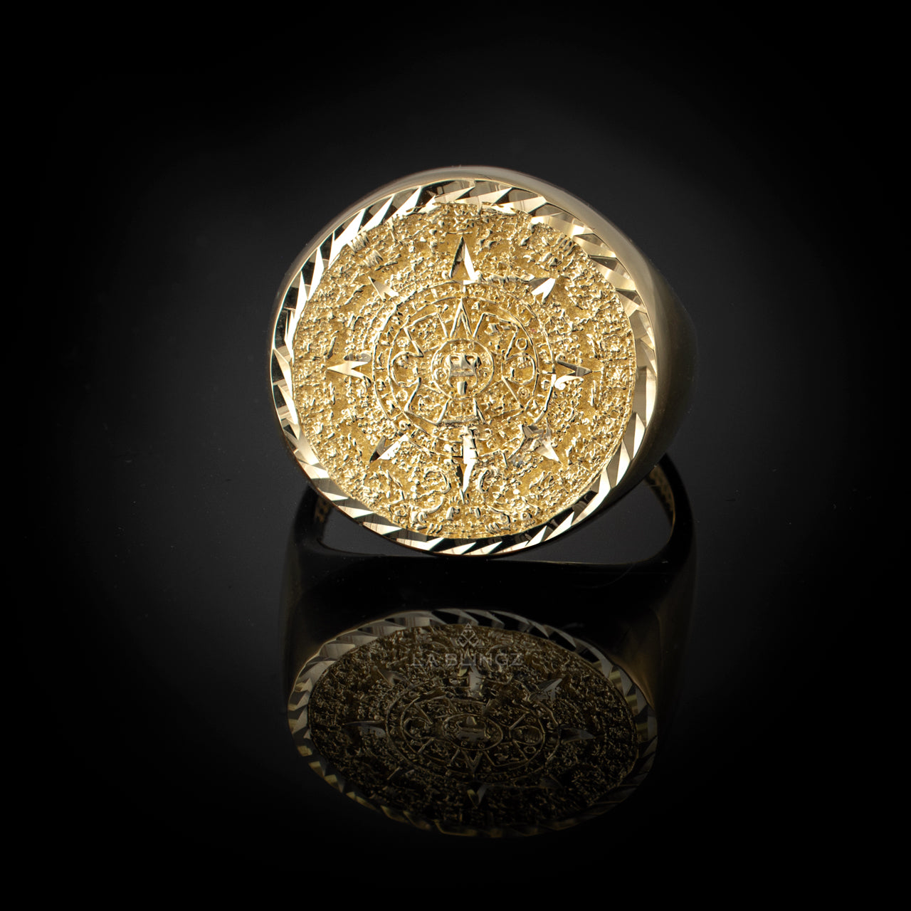 Gold Aztec Mayan Sun Calendar Men's DC Statement Ring