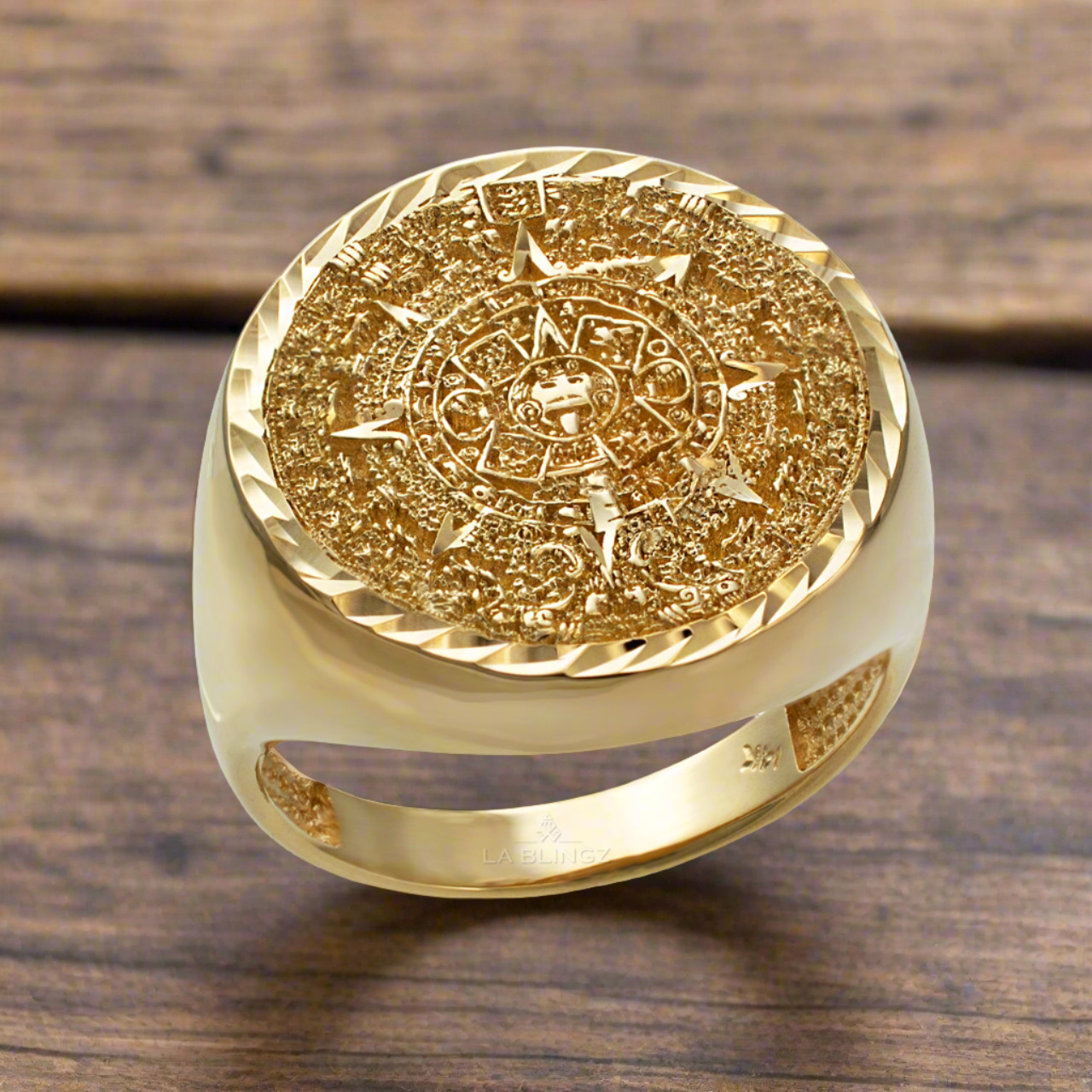 Gold Aztec Mayan Sun Calendar Men's DC Statement Ring