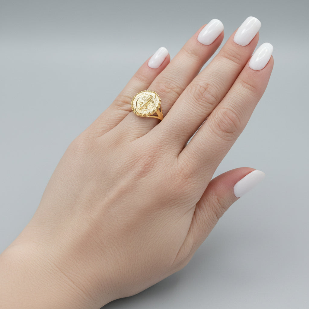 Solid Gold St. Benedict Coin Medallion Ring for Women