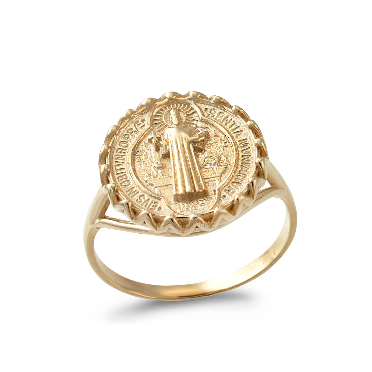 Solid Gold St. Benedict Coin Medallion Ring for Women