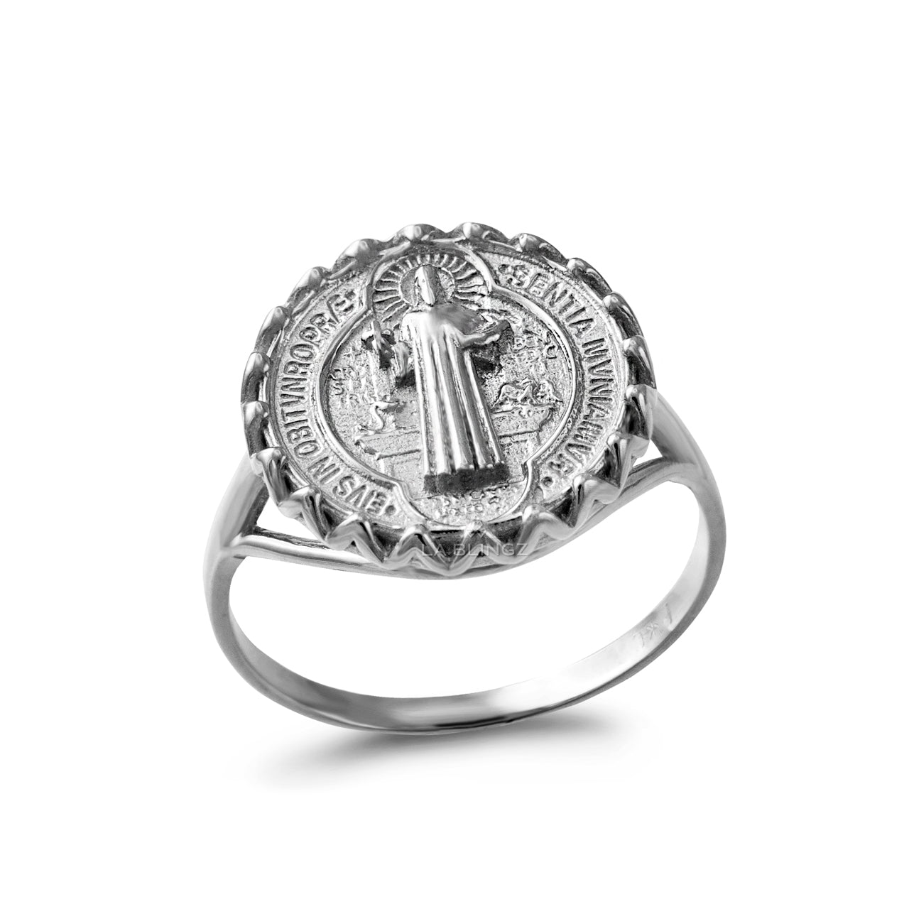 Solid Gold St. Benedict Coin Medallion Ring for Women