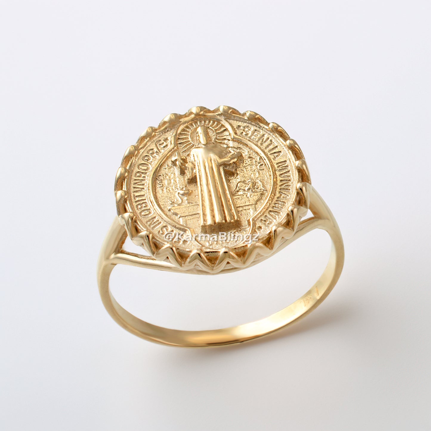 Solid Gold St. Benedict Coin Medallion Ring for Women