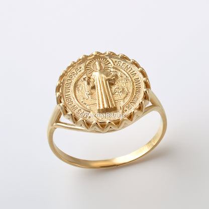 Solid Gold St. Benedict Coin Medallion Ring for Women