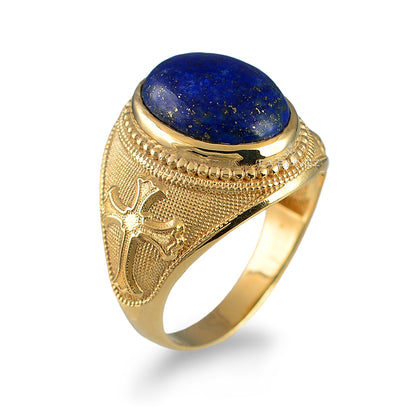 Yellow Gold Christian Cross Lapis Lazuli Oval Gemstone Statement Ring