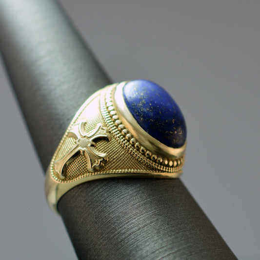 Yellow Gold Fleur de Lis Cross Lapis Lazuli Oval Gemstone Statement Ring