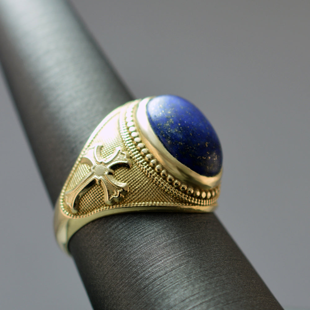 Yellow Gold Christian Cross Lapis Lazuli Oval Gemstone Statement Ring