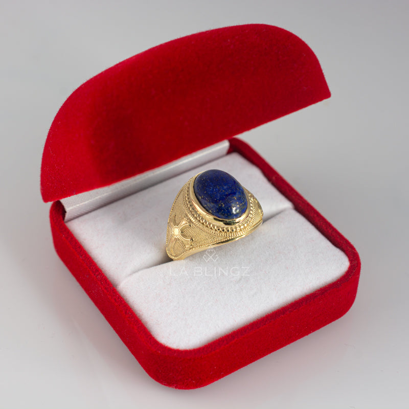 Yellow Gold Fleur de Lis Cross Lapis Lazuli Oval Gemstone Statement Ring