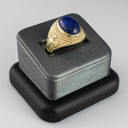 Yellow Gold Christian Cross Lapis Lazuli Oval Gemstone Statement Ring