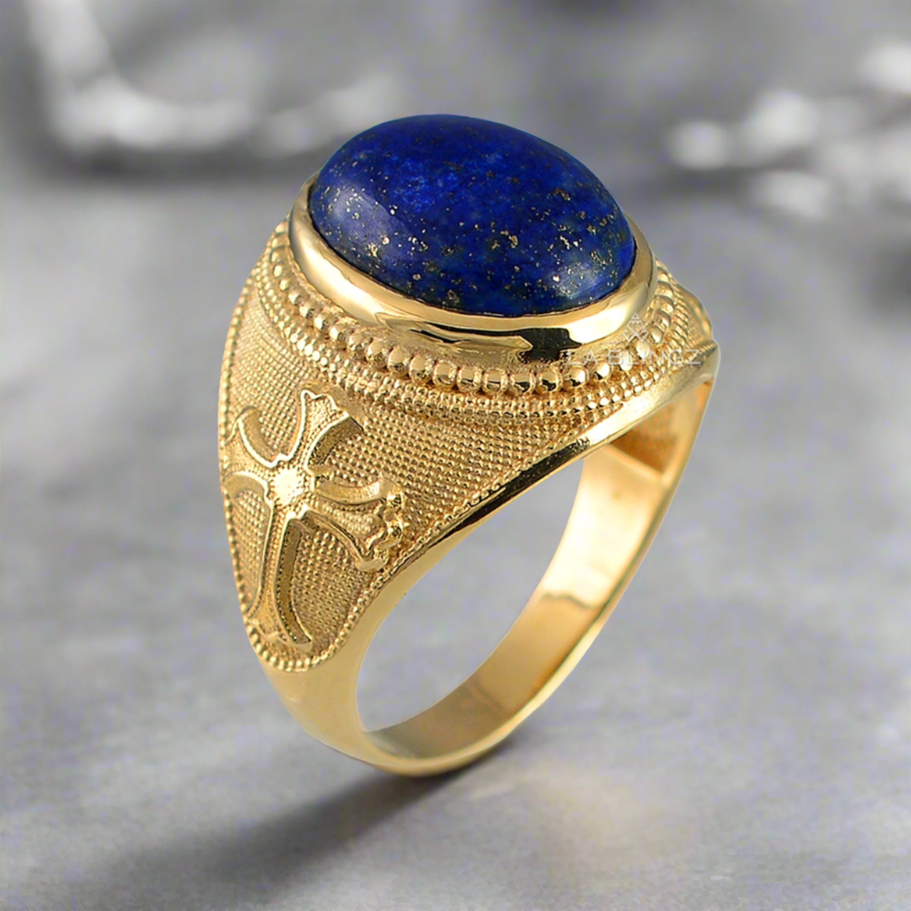 Yellow Gold Christian Cross Lapis Lazuli Oval Gemstone Statement Ring