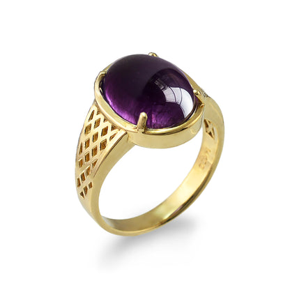 Yellow Gold Amethyst Oval Cabochon Lattice Band Women's Ring