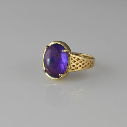 Yellow Gold Amethyst Oval Cabochon Lattice Band Women's Ring