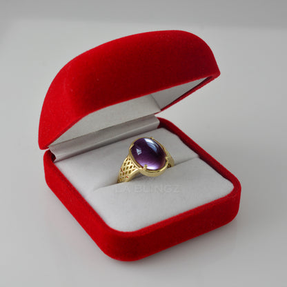 Yellow Gold Amethyst Oval Cabochon Lattice Band Women's Ring