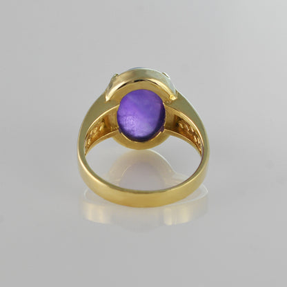 Yellow Gold Amethyst Oval Cabochon Lattice Band Women's Ring