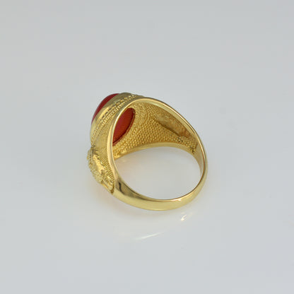 Yellow Gold Lion Band Red Onyx Oval Cabochon Gemstone Statement Ring