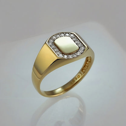 Oval Halo Diamond Signet Pinky Ring - Yellow Gold