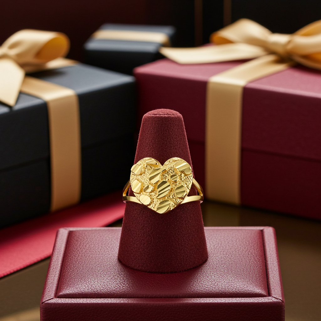 Sparkle Cut Gold Nugget Heart Ring in 10K or 14K Yellow Gold