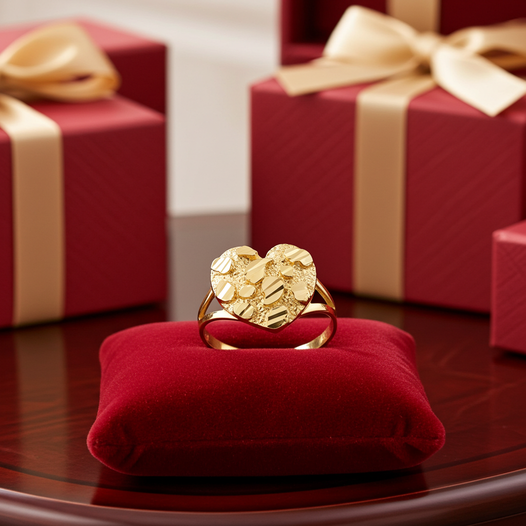 Sparkle Cut Gold Nugget Heart Ring in 10K or 14K Yellow Gold