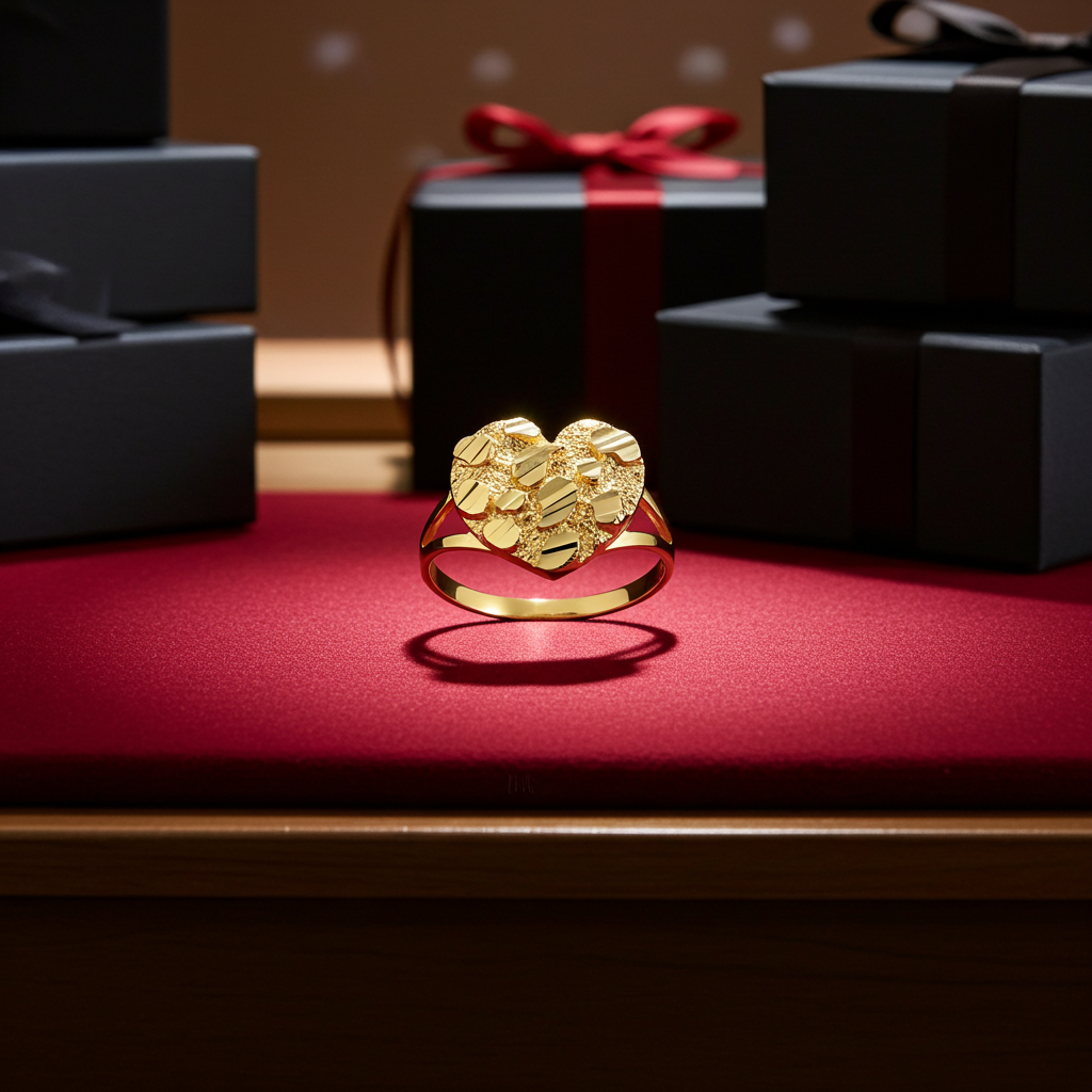 Sparkle Cut Gold Nugget Heart Ring in 10K or 14K Yellow Gold