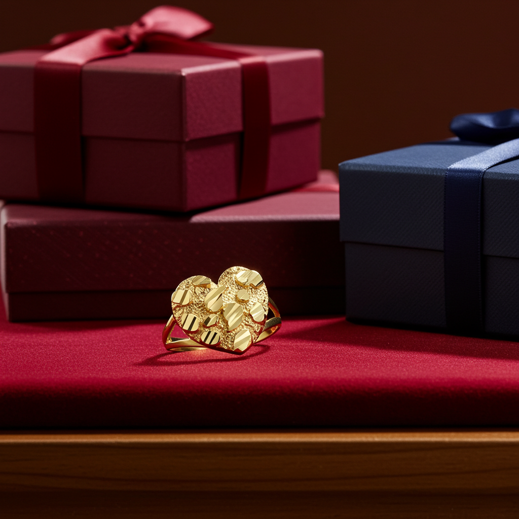 Sparkle Cut Gold Nugget Heart Ring in 10K or 14K Yellow Gold