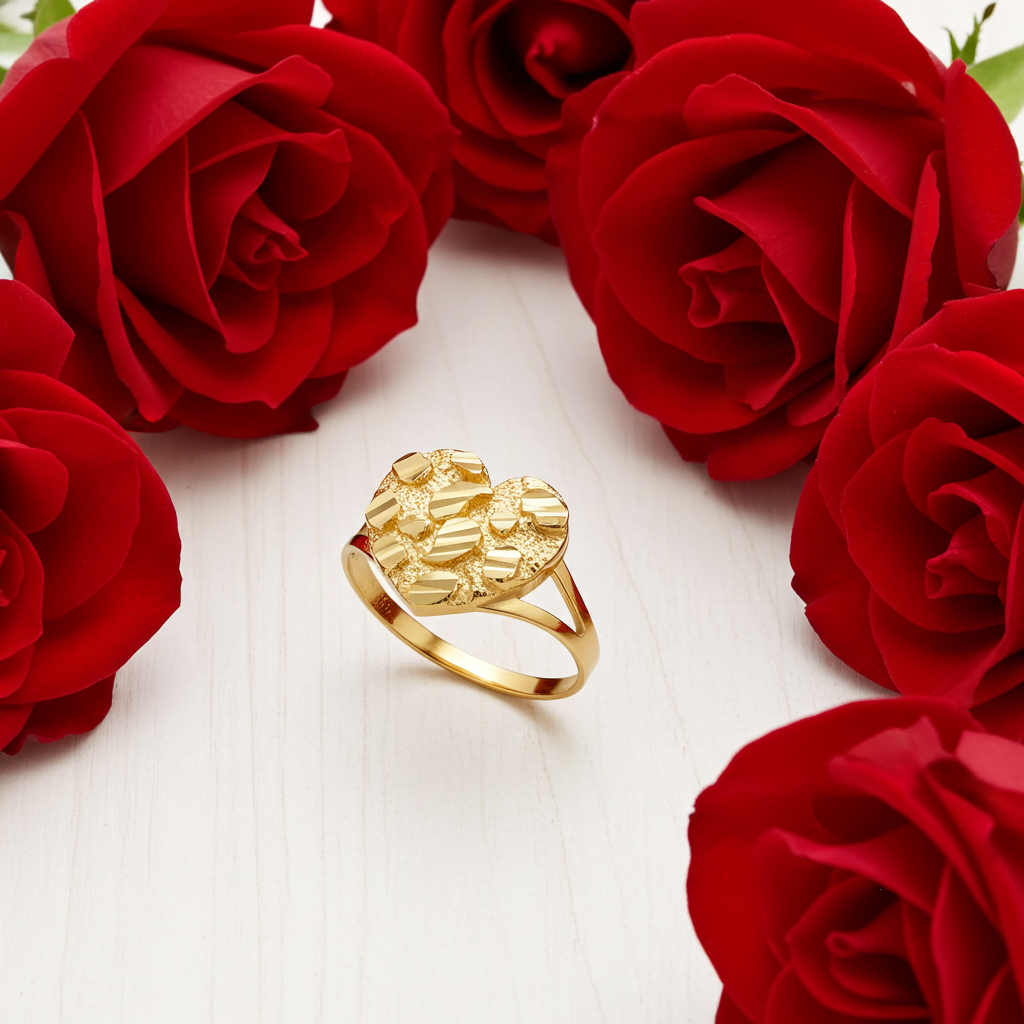 Sparkle Cut Gold Nugget Heart Ring in 10K or 14K Yellow Gold