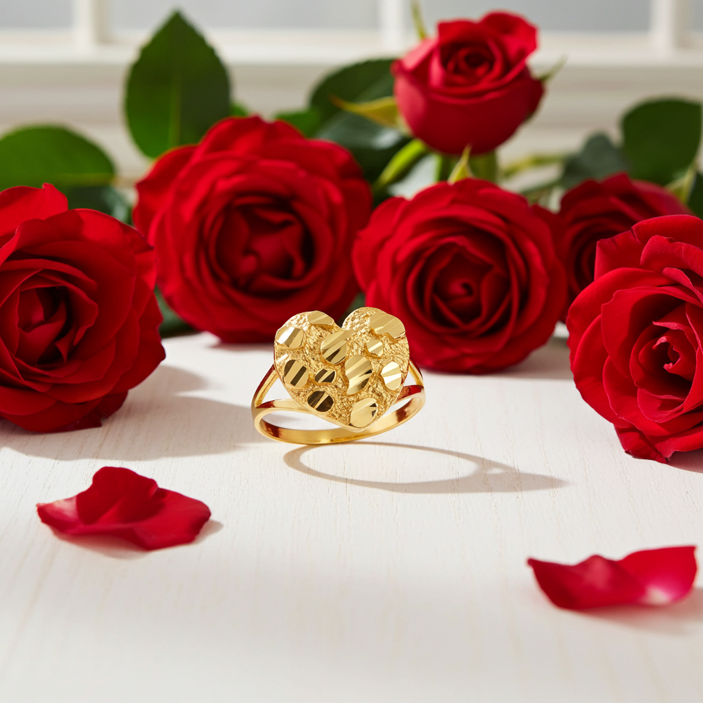 Sparkle Cut Gold Nugget Heart Ring in 10K or 14K Yellow Gold