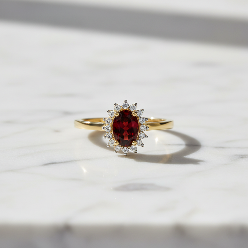 A yellow gold ring featuring an oval-cut deep red garnet center stone surrounded by a halo of small clear cubic zirconia stones, set on a polished gold band with a 14K CG hallmark visible inside.