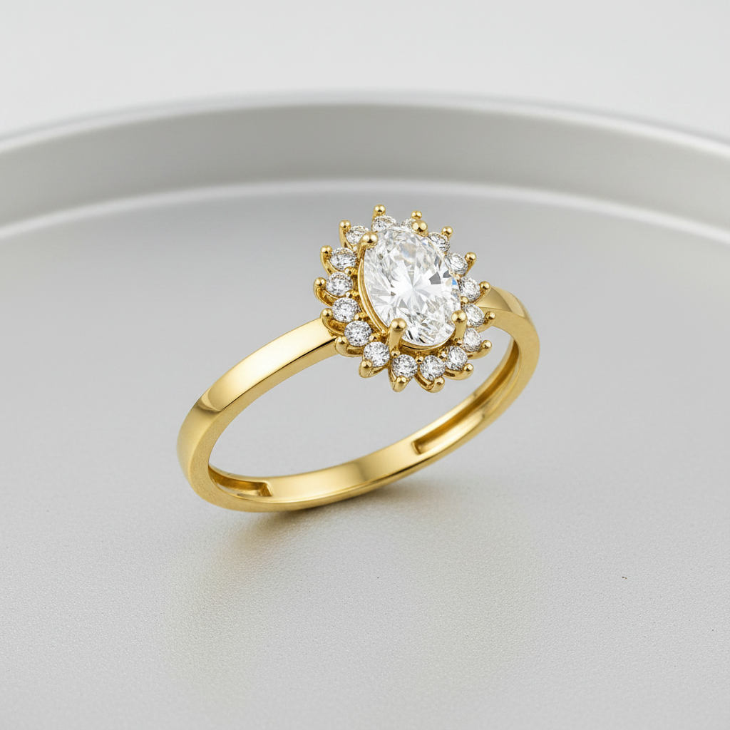 A yellow gold ring featuring an oval-cut clear center stone surrounded by a halo of small round stones, set on a polished band against a white background.
