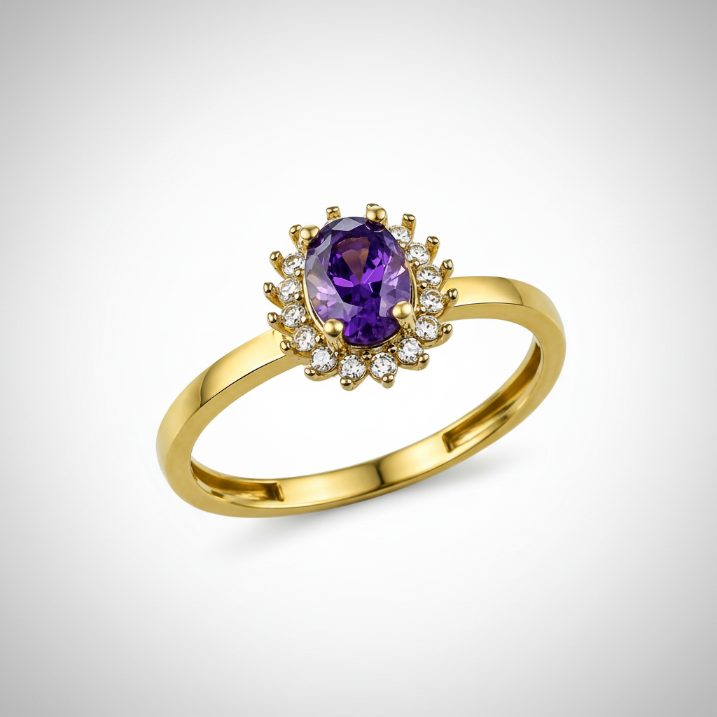 A yellow gold ring featuring an oval-cut purple amethyst center stone surrounded by a halo of small clear cubic zirconia stones, set on a polished gold band against a white background.