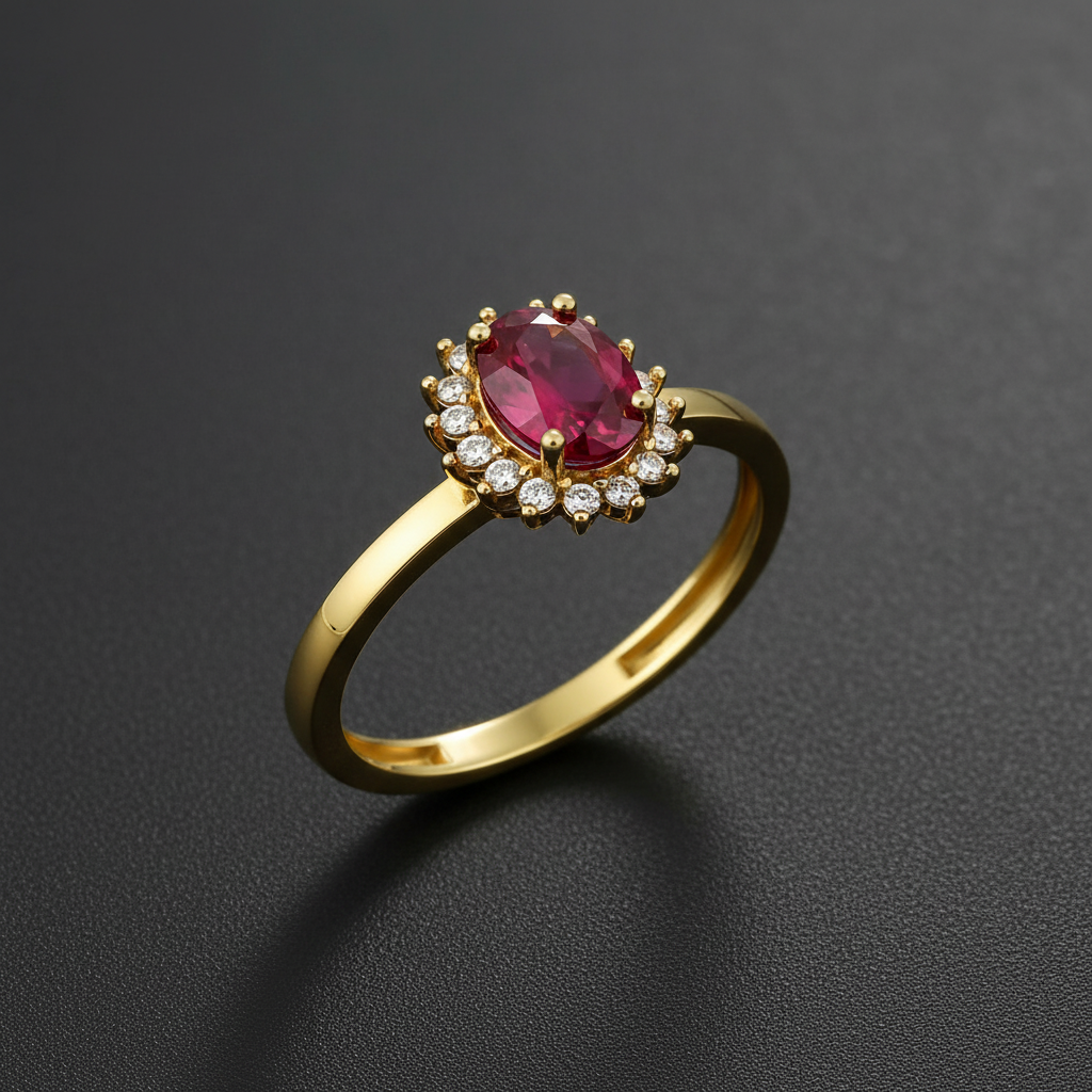 A yellow gold ring featuring an oval-cut deep pinkish-red center stone, surrounded by a halo of small clear stones, set on a polished gold band against a white background.