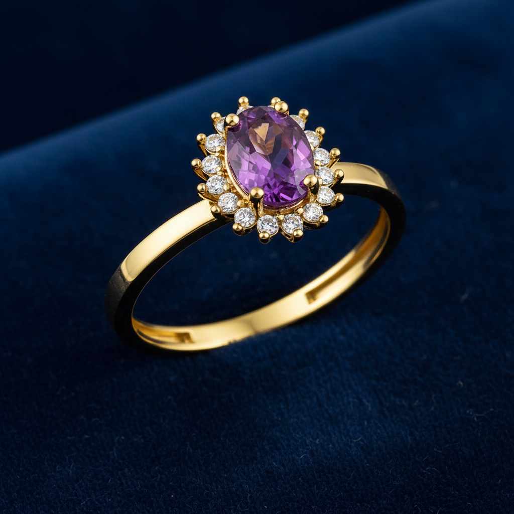 A yellow gold ring featuring an oval-cut violet center stone surrounded by a halo of small clear cubic zirconia stones, set on a polished gold band against a white background.