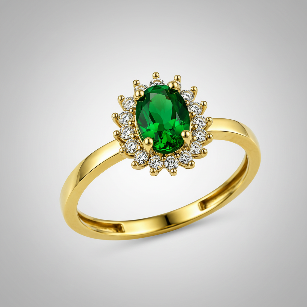 A yellow gold ring featuring an oval-cut green emerald-cut center stone surrounded by a halo of small clear accent stones, shown on a plain white background.