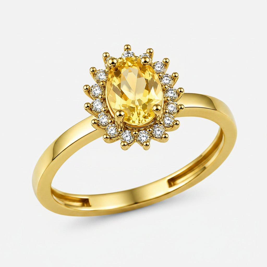 A yellow gold ring featuring a large oval-cut yellow gemstone surrounded by a halo of small clear stones, set on a polished yellow gold band against a white background.