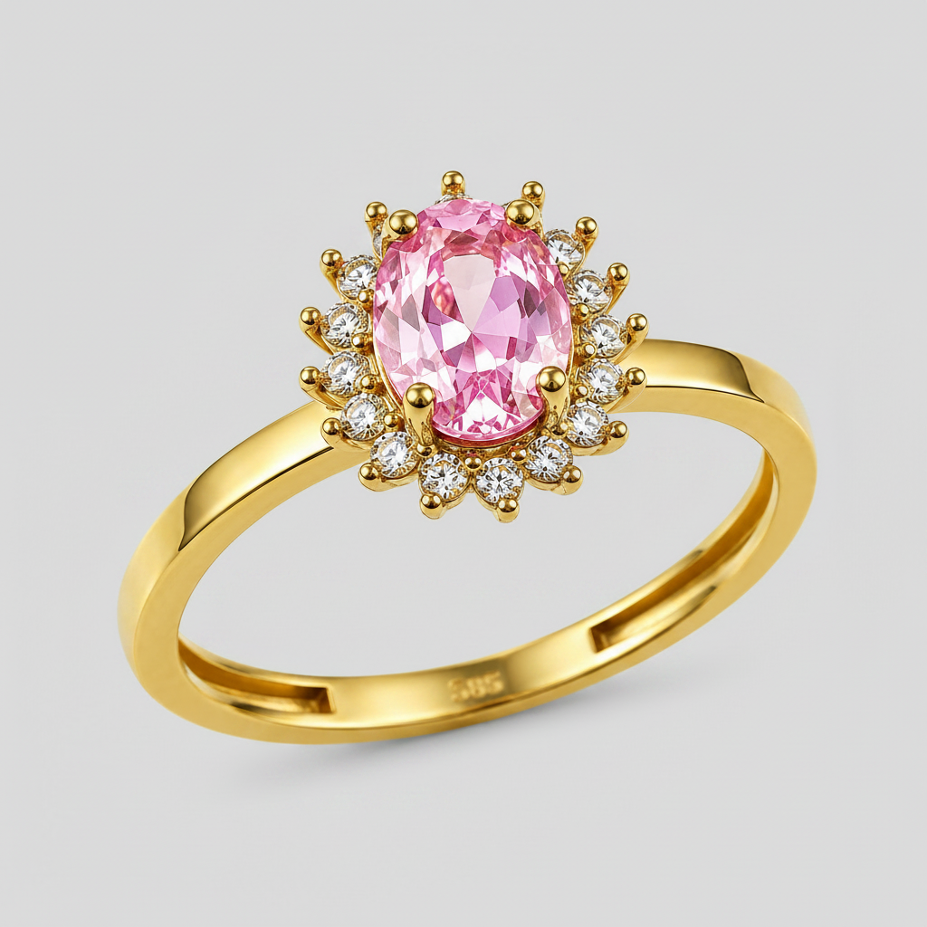 A yellow gold ring featuring an oval pink gemstone surrounded by a halo of small clear stones, shown on a clean white background.