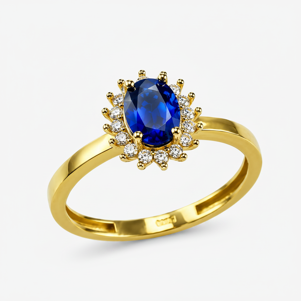 A yellow gold ring featuring a central oval-cut deep blue sapphire surrounded by a halo of small round-cut clear stones, set on a polished gold band against a white background.