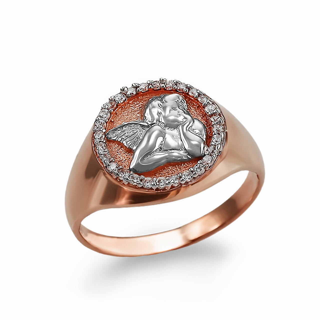 Polished Gold Cupid Cherub Angel Halo Diamond Round Signet Unisex Ring