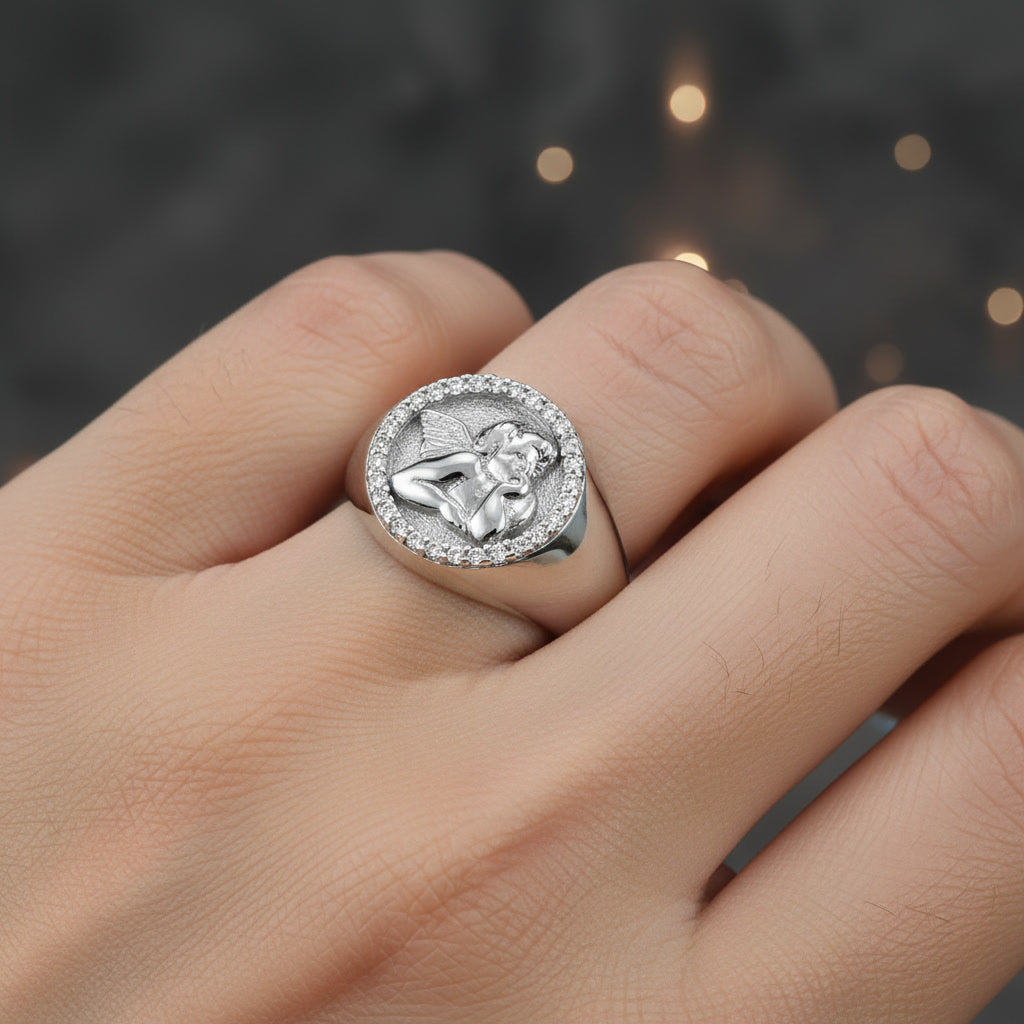Polished Gold Cupid Cherub Angel Halo Diamond Round Signet Unisex Ring