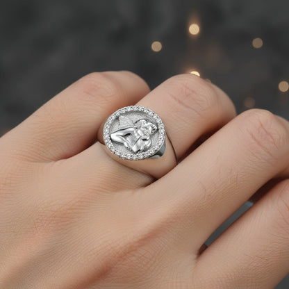 Polished Gold Cupid Cherub Angel Halo Diamond Round Signet Unisex Ring