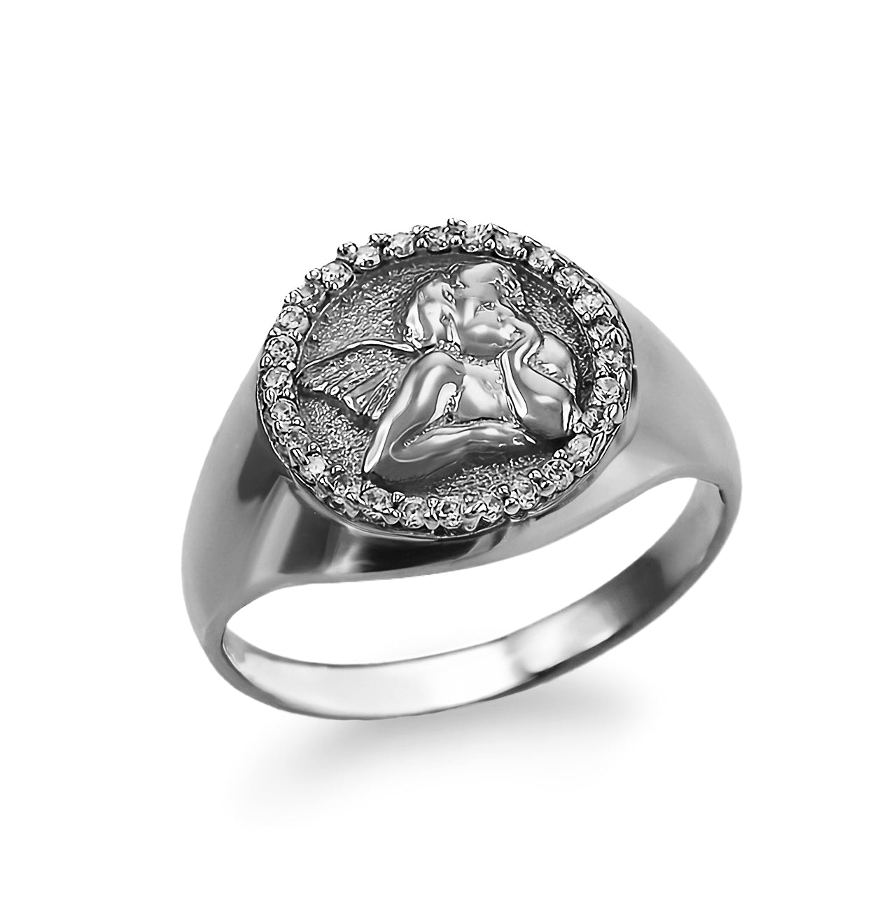 Polished Gold Cupid Cherub Angel Halo Diamond Round Signet Unisex Ring