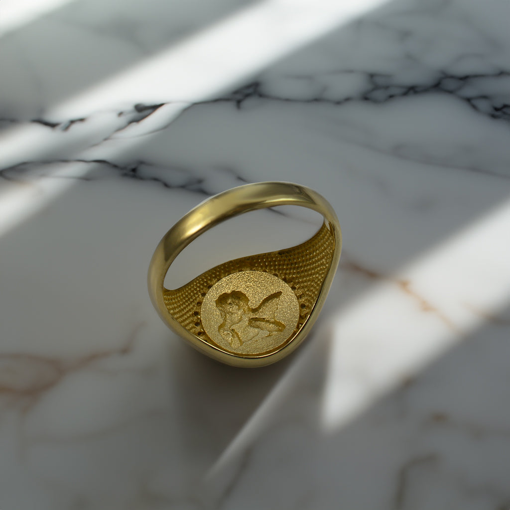 Polished Gold Cupid Cherub Angel Halo Diamond Round Signet Unisex Ring