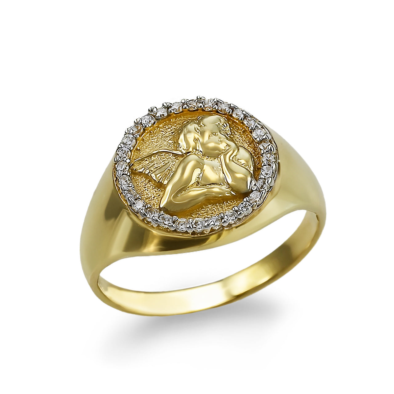 Polished Gold Cupid Cherub Angel Halo Diamond Round Signet Unisex Ring